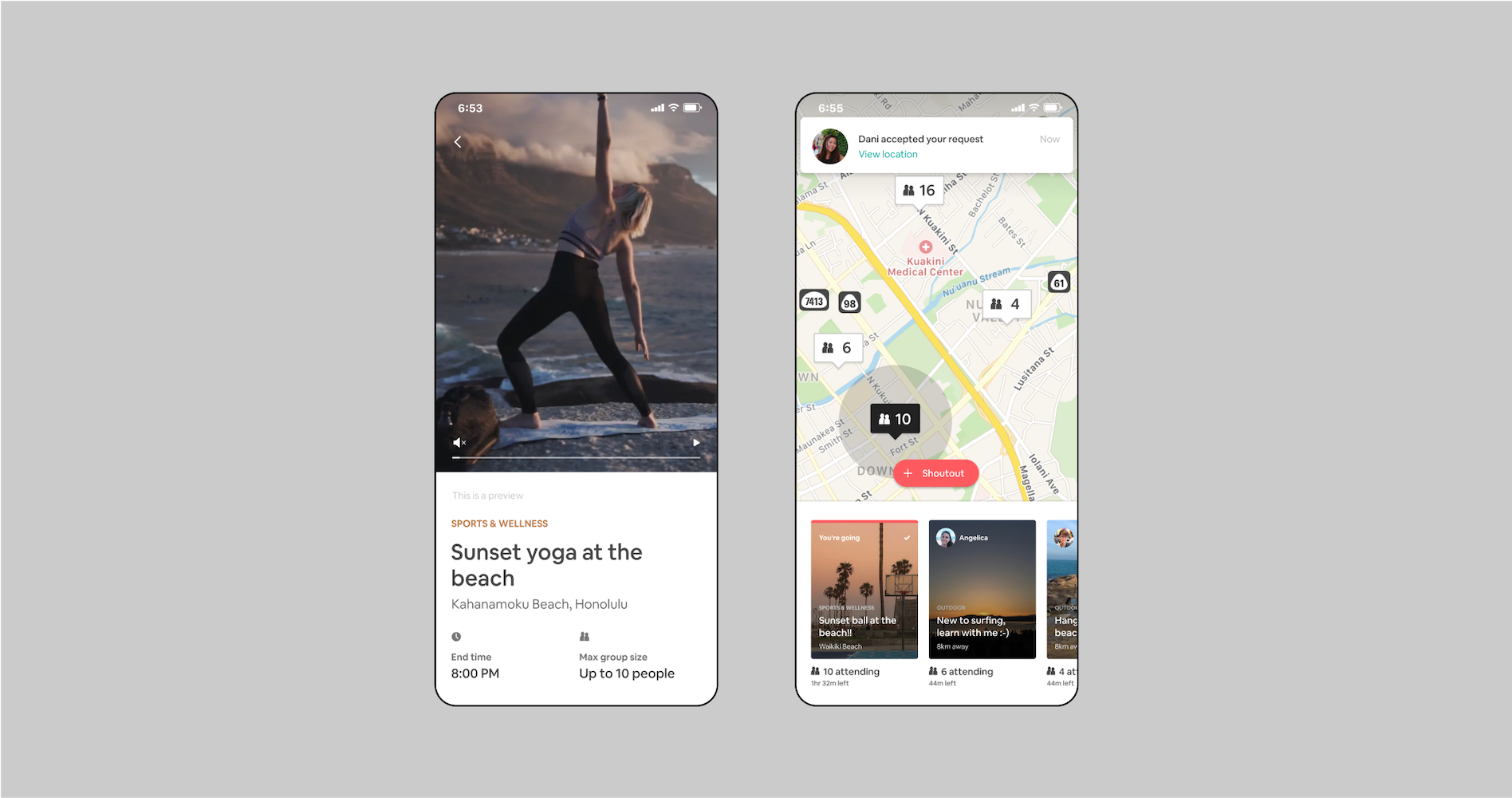 Example screens from the Shoutouts feature