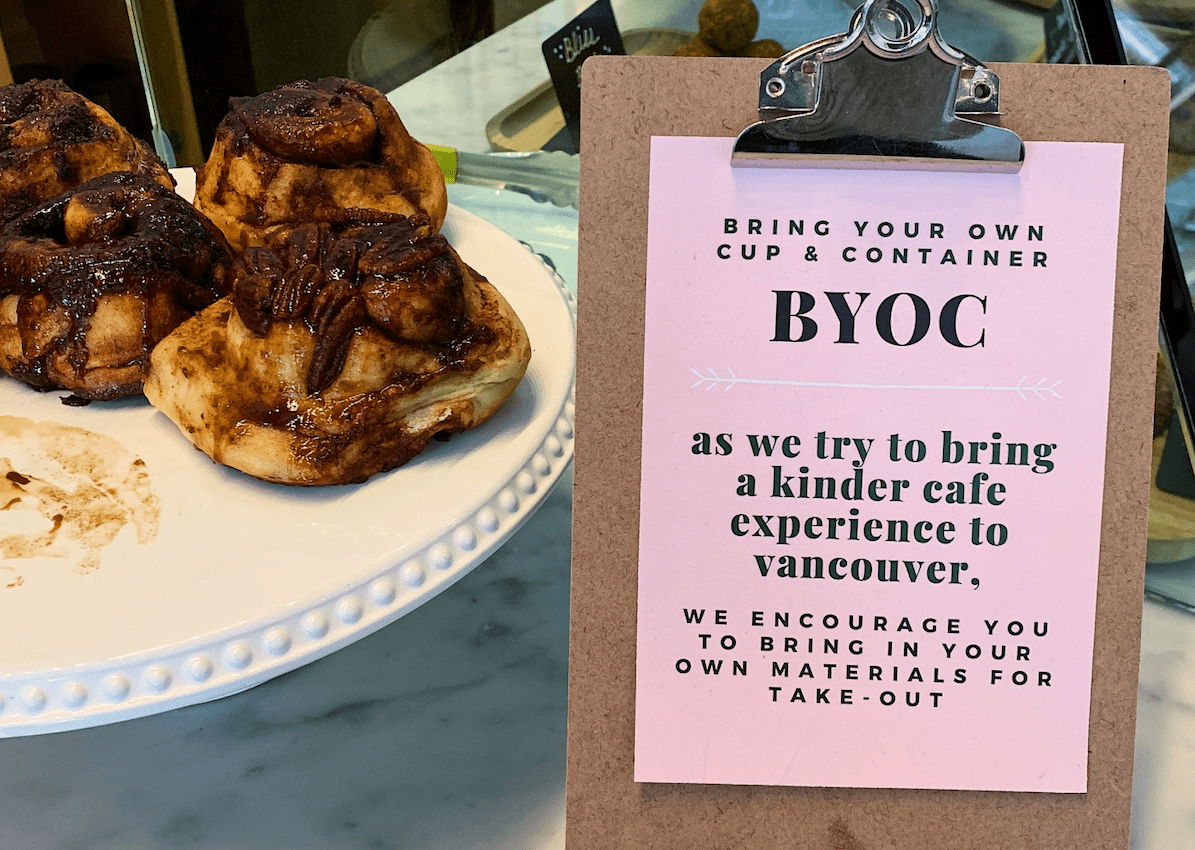 Kind Cafe's bring-your-own-cup policy board